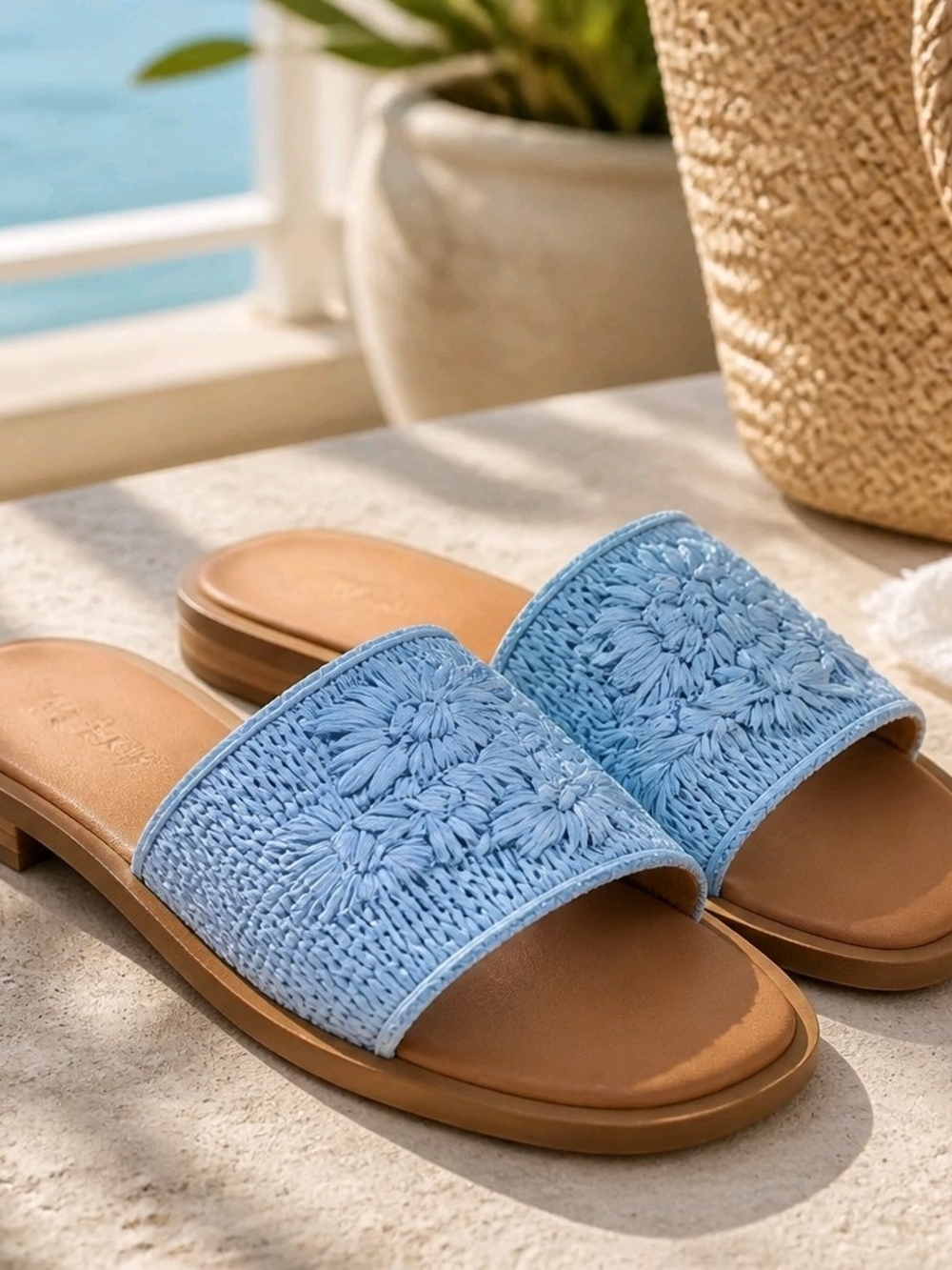 Blue Floral Embroidered Boho Raffia Slide Sandals NIB NWT New York & Co. Size 9